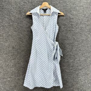 Express Wrap Dress Women 5/6 Blue Striped Midi Collared Belted Tie Up Sleeveless